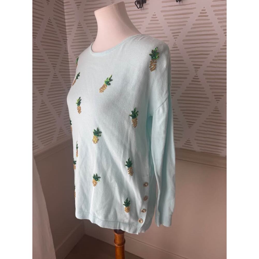 Lilly Pulitzer XS Caralynn Long Sleeve Sweater whisper blue sequin pineapple - Picture 4 of 8
